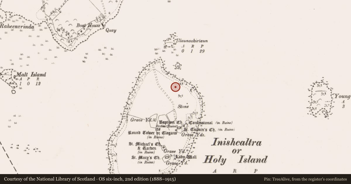 Ordnance Survey six-inch map, 2nd edition (1888–1915) covering the location of Bullaun stone, Inishcaltra Or Holy Island, County Clare, with a pin at the register's coordinates