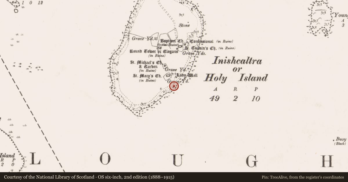 Ordnance Survey six-inch map, 2nd edition (1888–1915) covering the location of Penitential station, Inishcaltra Or Holy Island, County Clare, with a pin at the register's coordinates