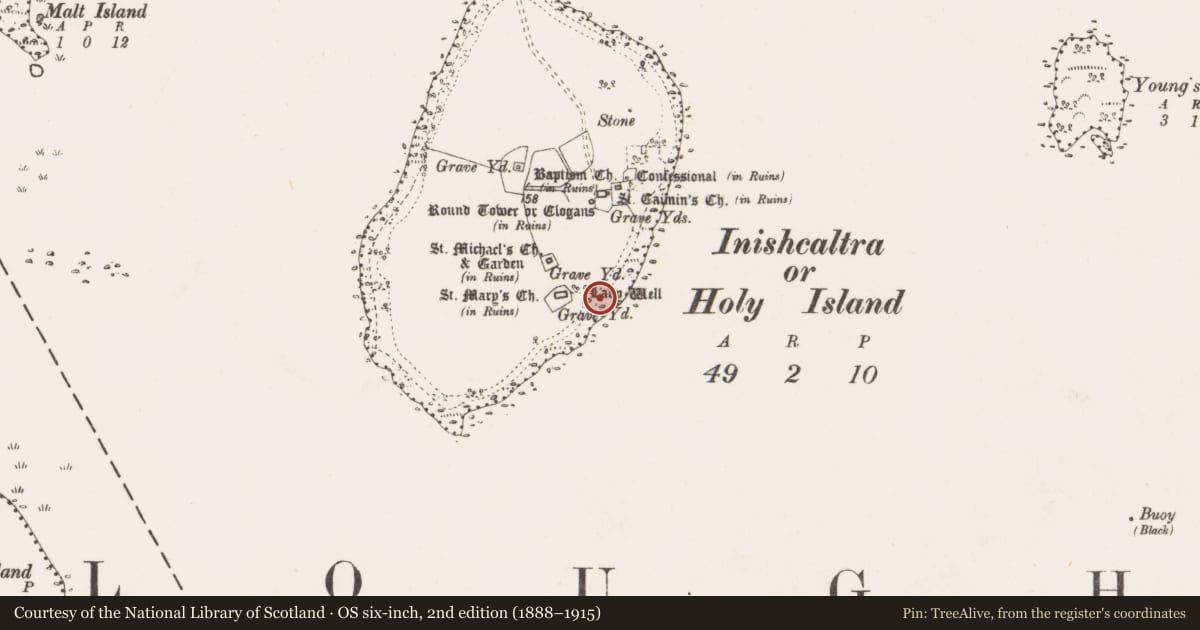 Ordnance Survey six-inch map, 2nd edition (1888–1915) covering the location of Ritual site - holy well, Inishcaltra Or Holy Island, County Clare, with a pin at the register's coordinates