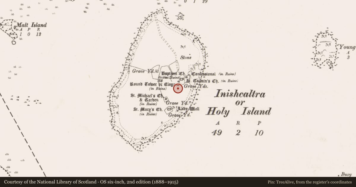 Ordnance Survey six-inch map, 2nd edition (1888–1915) covering the location of Bullaun stone, Inishcaltra Or Holy Island, County Clare, with a pin at the register's coordinates