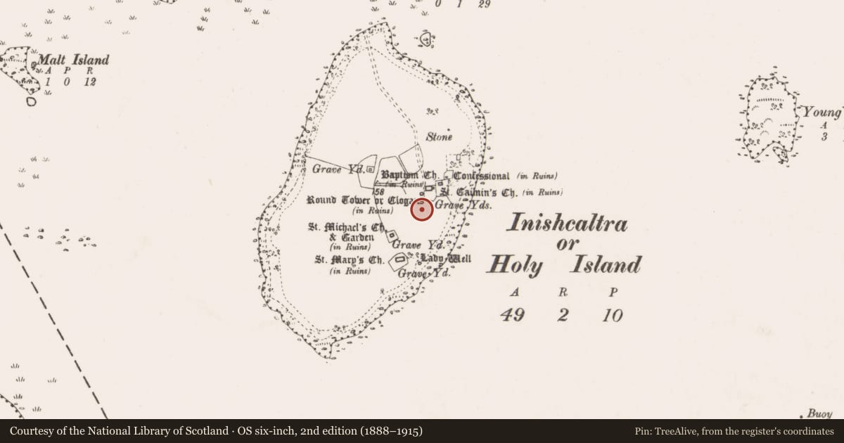 Ordnance Survey six-inch map, 2nd edition (1888–1915) covering the location of Bullaun stone, Inishcaltra Or Holy Island, County Clare, with a pin at the register's coordinates