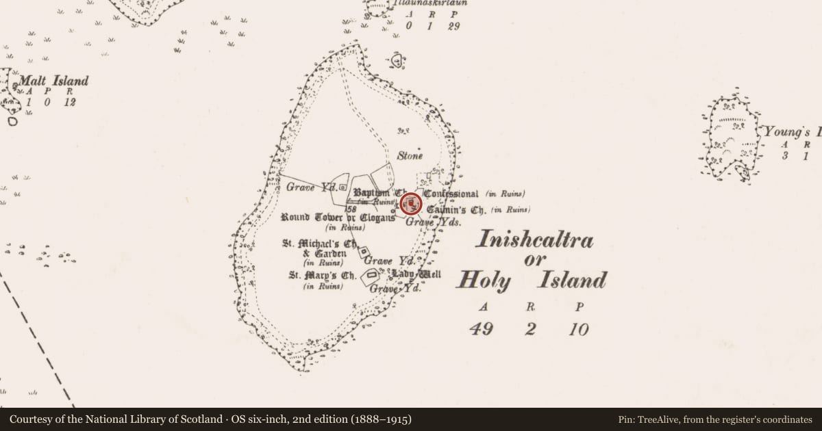 Ordnance Survey six-inch map, 2nd edition (1888–1915) covering the location of Cross-slab, Inishcaltra Or Holy Island, County Clare, with a pin at the register's coordinates