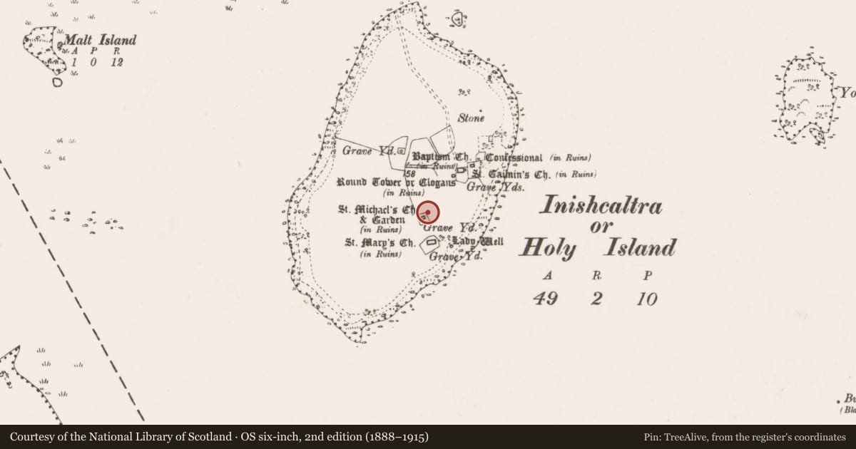 Ordnance Survey six-inch map, 2nd edition (1888–1915) covering the location of Cross-inscribed stone, Inishcaltra Or Holy Island, County Clare, with a pin at the register's coordinates