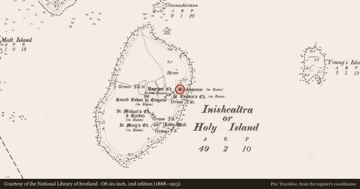 Ordnance Survey six-inch map, 2nd edition (1888–1915) covering the location of Cross, Inishcaltra Or Holy Island, County Clare, with a pin at the register's coordinates