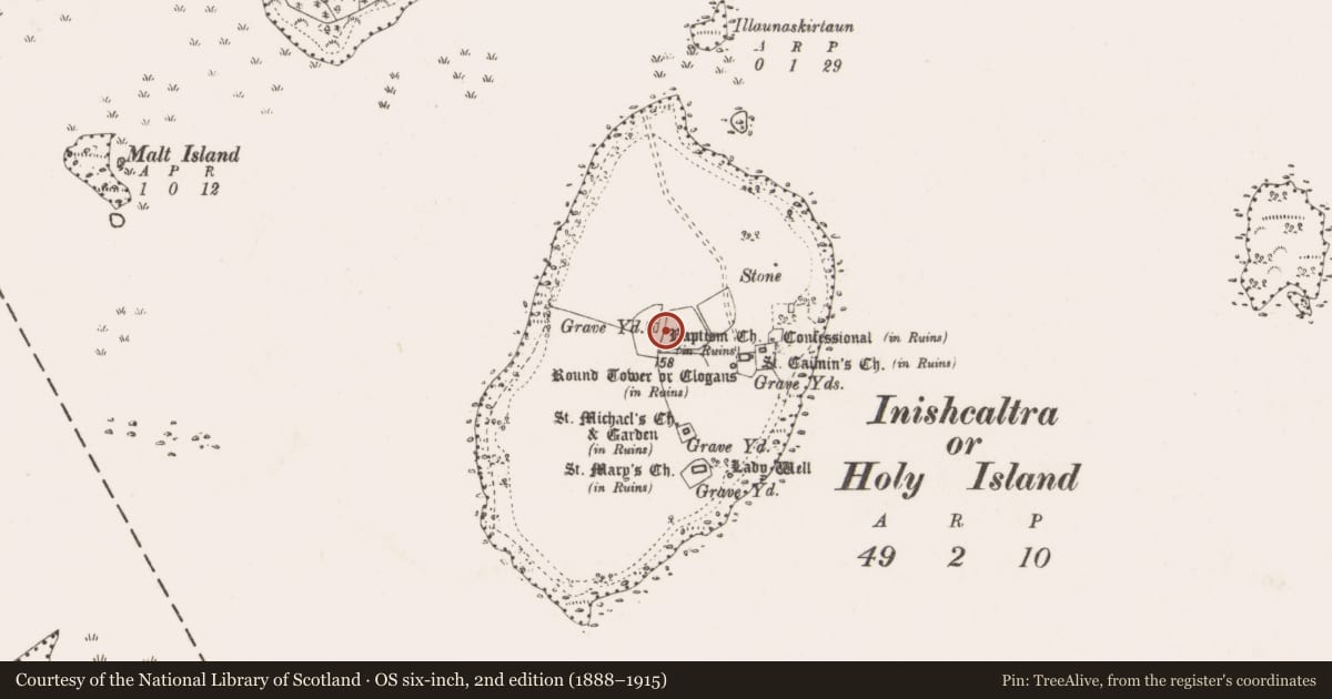 Ordnance Survey six-inch map, 2nd edition (1888–1915) covering the location of Penitential station, Inishcaltra Or Holy Island, County Clare, with a pin at the register's coordinates