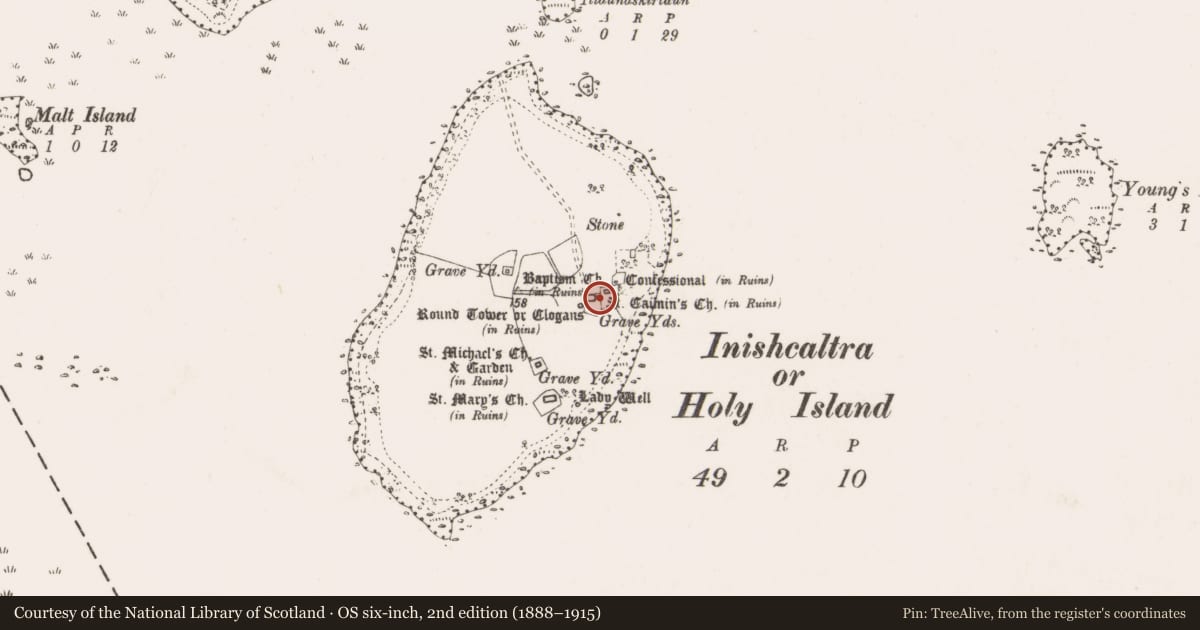 Ordnance Survey six-inch map, 2nd edition (1888–1915) covering the location of Cross-slab, Inishcaltra Or Holy Island, County Clare, with a pin at the register's coordinates