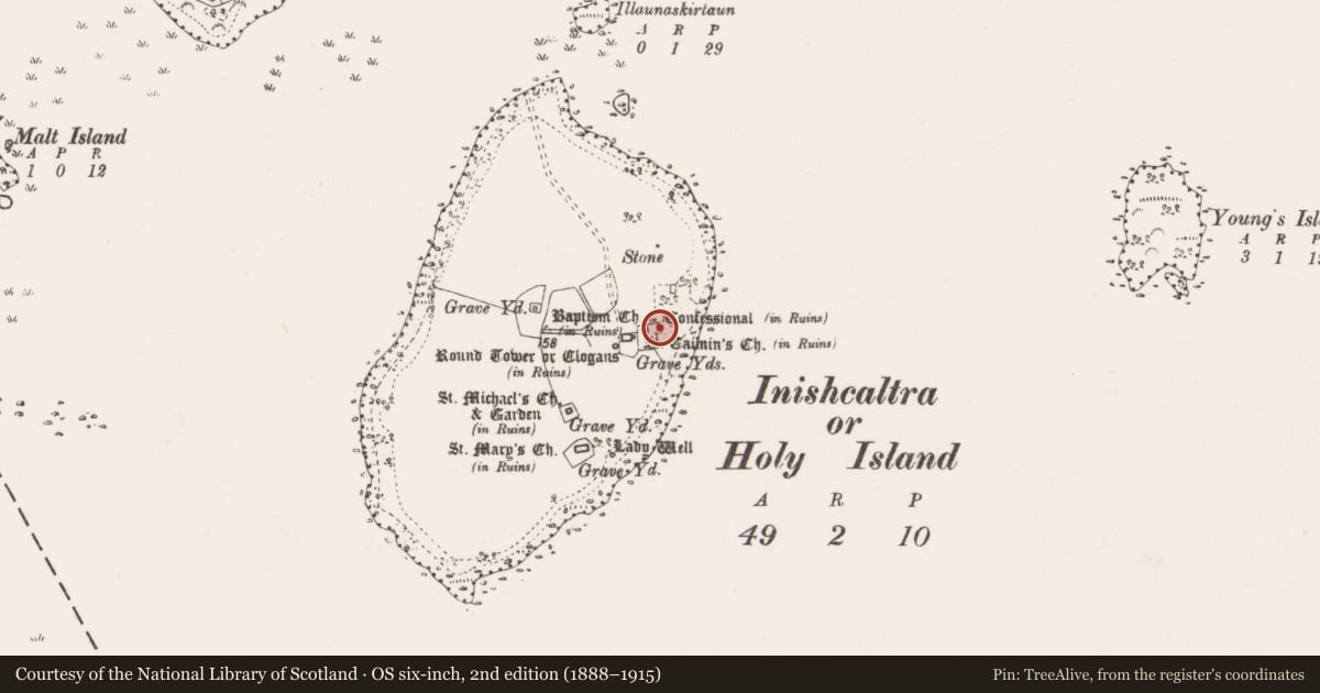 Ordnance Survey six-inch map, 2nd edition (1888–1915) covering the location of Graveslab, Inishcaltra Or Holy Island, County Clare, with a pin at the register's coordinates