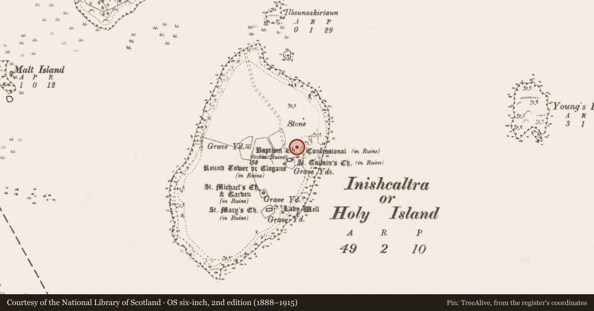 Ordnance Survey six-inch map, 2nd edition (1888–1915) covering the location of Cross-slab, Inishcaltra Or Holy Island, County Clare, with a pin at the register's coordinates