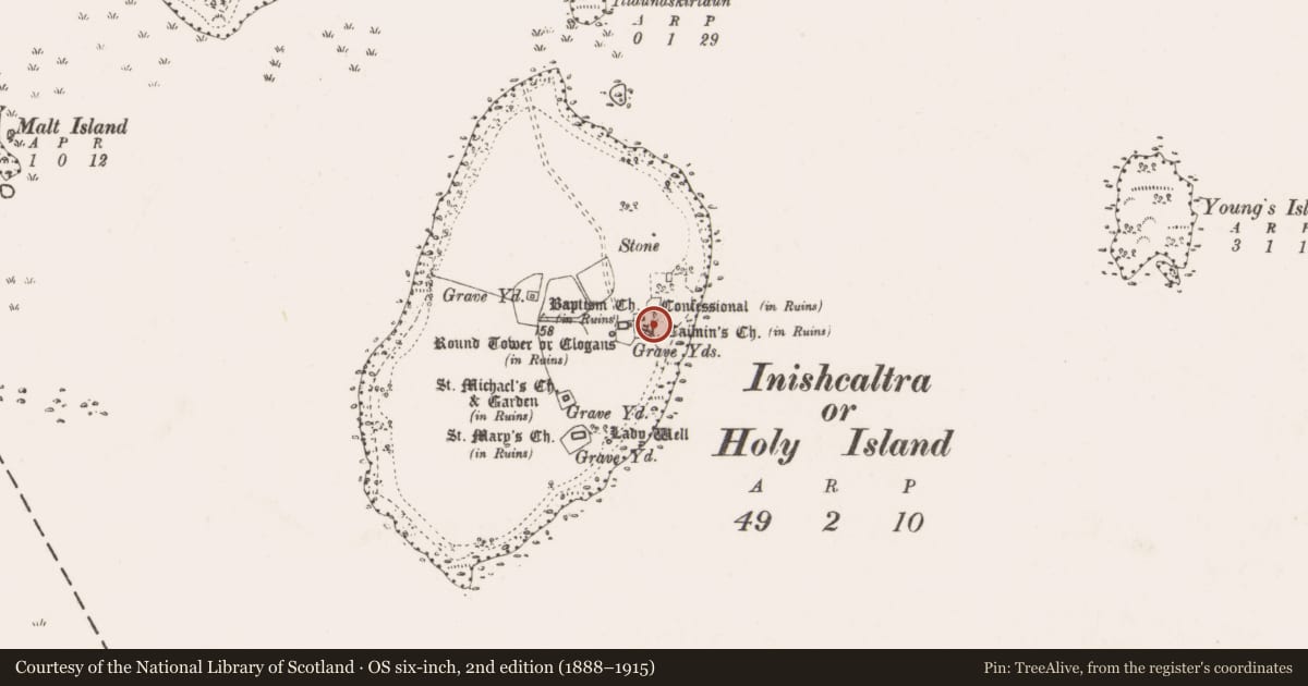Ordnance Survey six-inch map, 2nd edition (1888–1915) covering the location of Cross-slab, Inishcaltra Or Holy Island, County Clare, with a pin at the register's coordinates