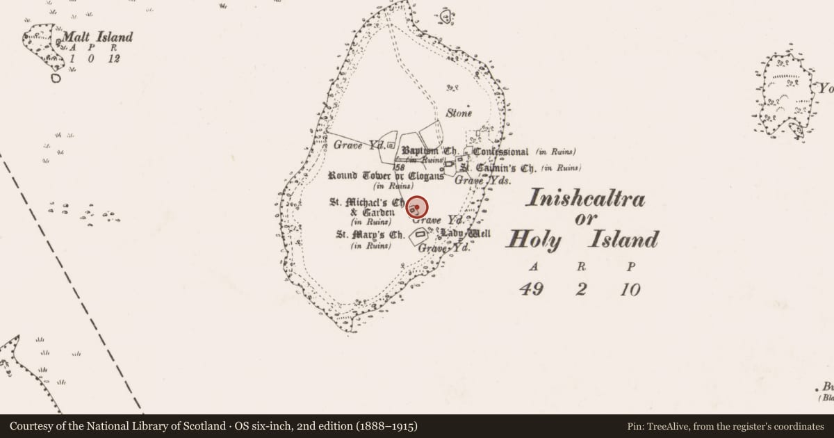 Ordnance Survey six-inch map, 2nd edition (1888–1915) covering the location of Metalworking site, Inishcaltra Or Holy Island, County Clare, with a pin at the register's coordinates