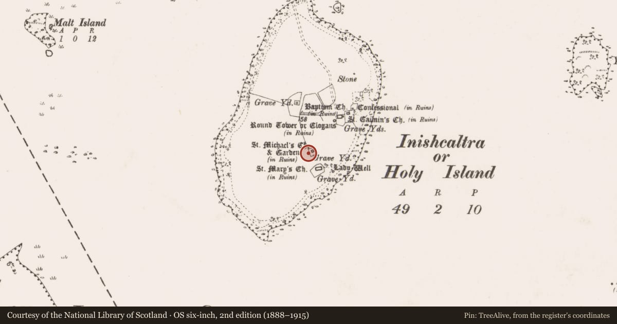 Ordnance Survey six-inch map, 2nd edition (1888–1915) covering the location of Metalworking site, Inishcaltra Or Holy Island, County Clare, with a pin at the register's coordinates
