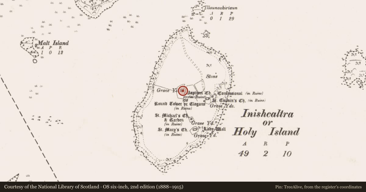 Ordnance Survey six-inch map, 2nd edition (1888–1915) covering the location of Enclosure, Inishcaltra Or Holy Island, County Clare, with a pin at the register's coordinates