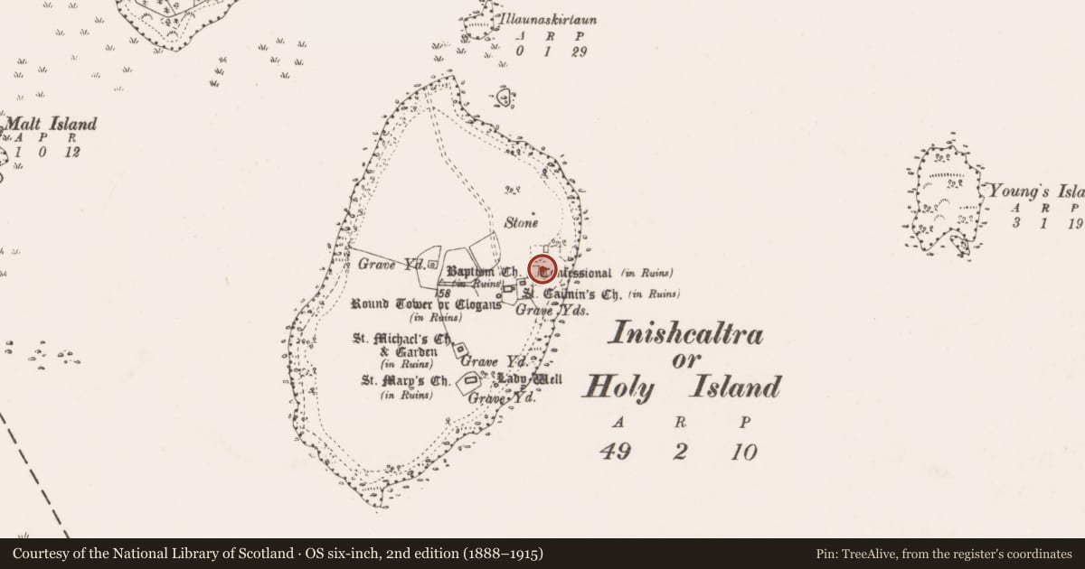 Ordnance Survey six-inch map, 2nd edition (1888–1915) covering the location of Enclosure, Inishcaltra Or Holy Island, County Clare, with a pin at the register's coordinates