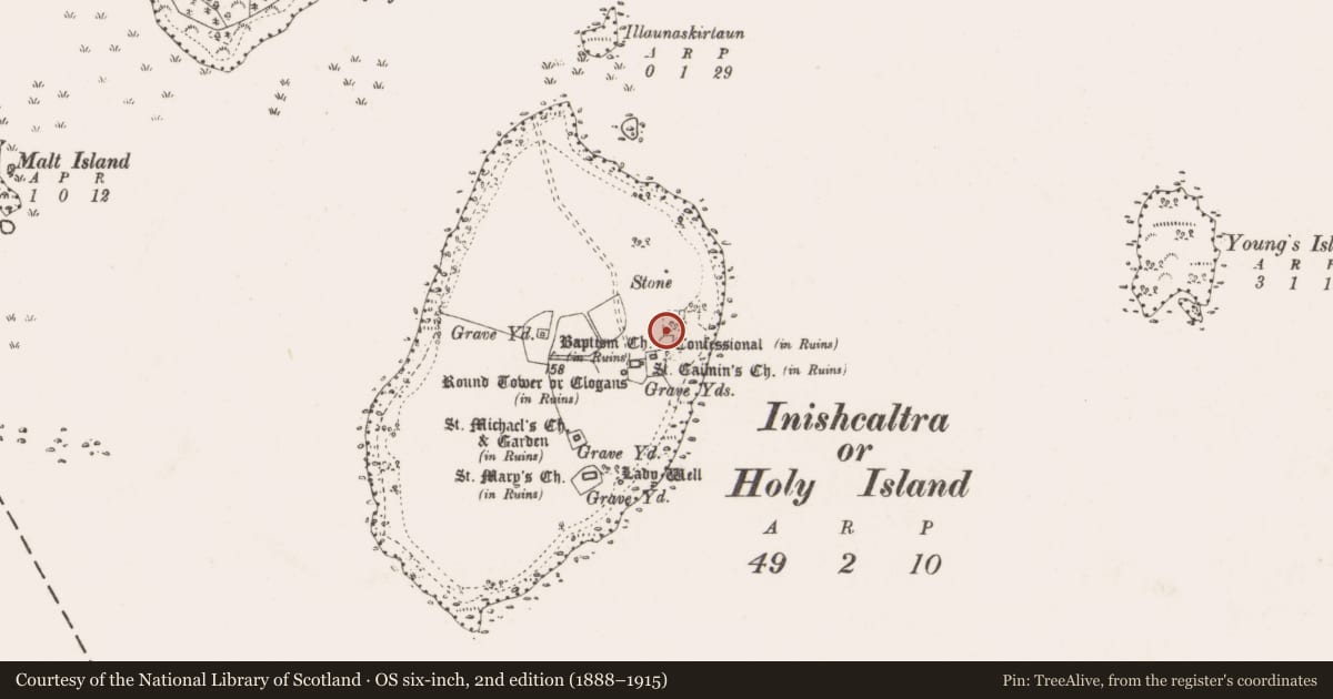 Ordnance Survey six-inch map, 2nd edition (1888–1915) covering the location of Enclosure, Inishcaltra Or Holy Island, County Clare, with a pin at the register's coordinates