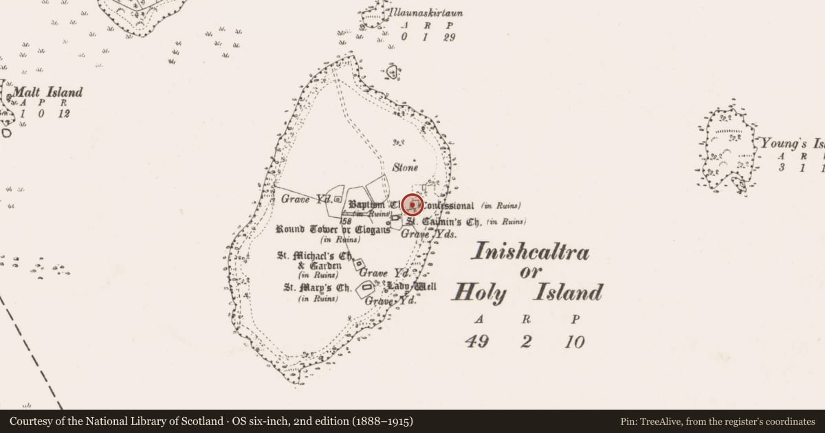Ordnance Survey six-inch map, 2nd edition (1888–1915) covering the location of Graveyard, Inishcaltra Or Holy Island, County Clare, with a pin at the register's coordinates