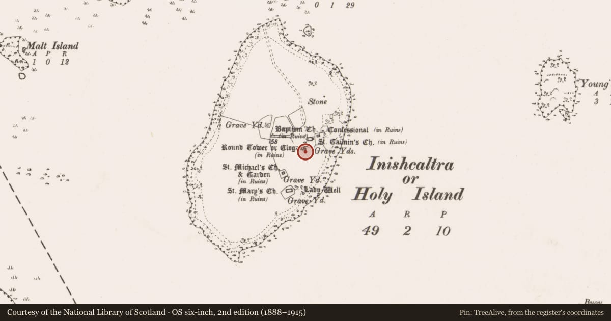 Ordnance Survey six-inch map, 2nd edition (1888–1915) covering the location of Enclosure, Inishcaltra Or Holy Island, County Clare, with a pin at the register's coordinates