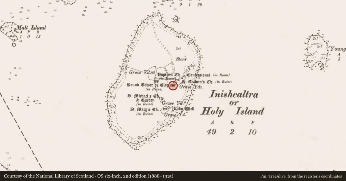 Ordnance Survey six-inch map, 2nd edition (1888–1915) covering the location of House - medieval, Inishcaltra Or Holy Island, County Clare, with a pin at the register's coordinates