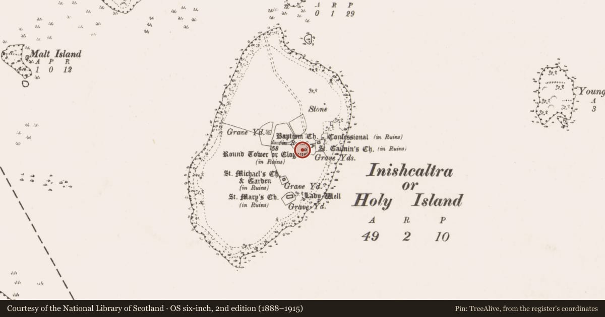 Ordnance Survey six-inch map, 2nd edition (1888–1915) covering the location of Church, Inishcaltra Or Holy Island, County Clare, with a pin at the register's coordinates