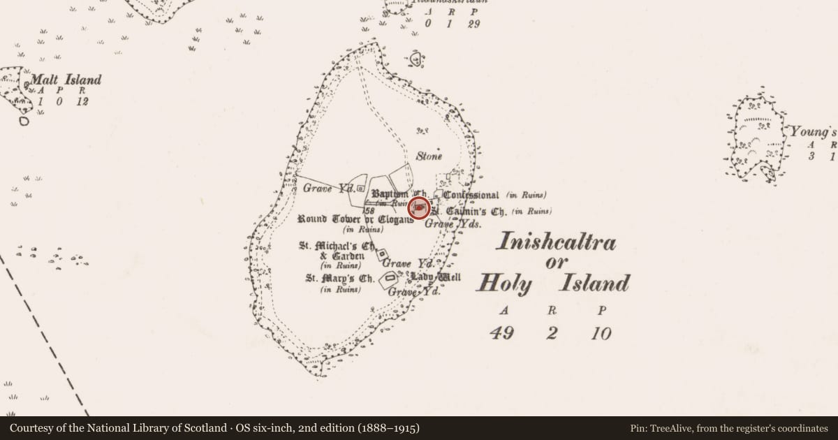 Ordnance Survey six-inch map, 2nd edition (1888–1915) covering the location of Burial, Inishcaltra Or Holy Island, County Clare, with a pin at the register's coordinates