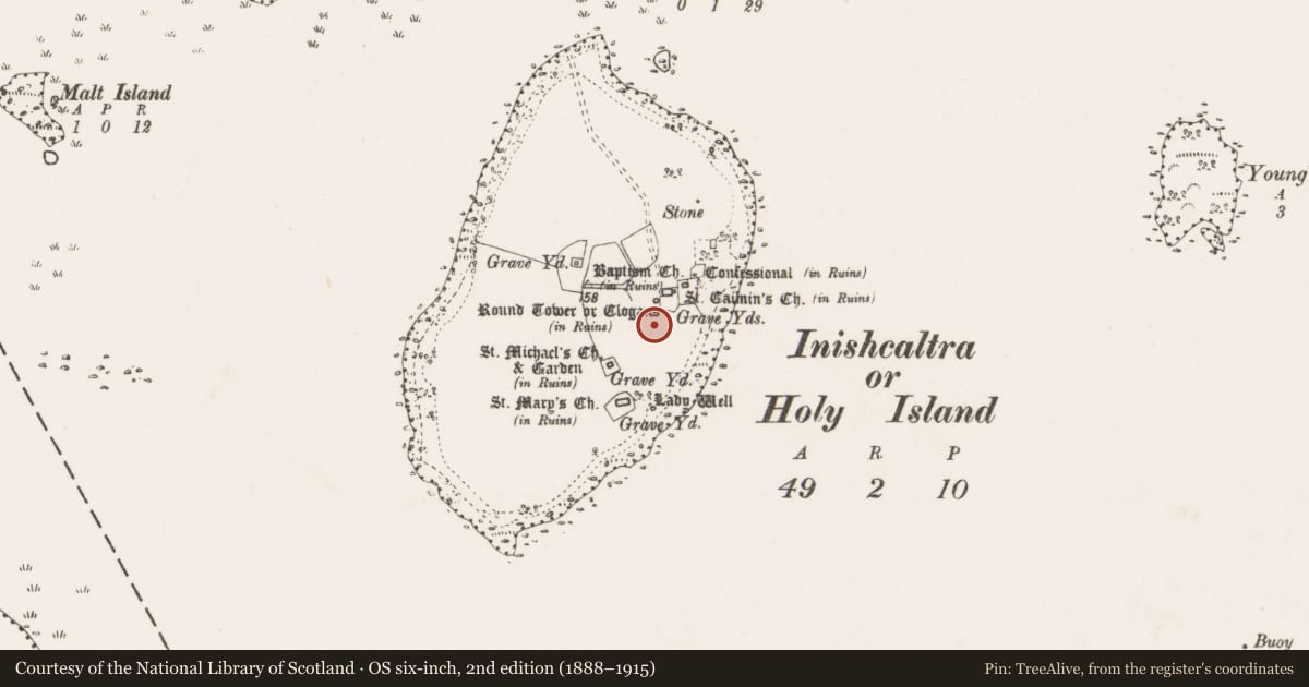 Ordnance Survey six-inch map, 2nd edition (1888–1915) covering the location of Metalworking site, Inishcaltra Or Holy Island, County Clare, with a pin at the register's coordinates