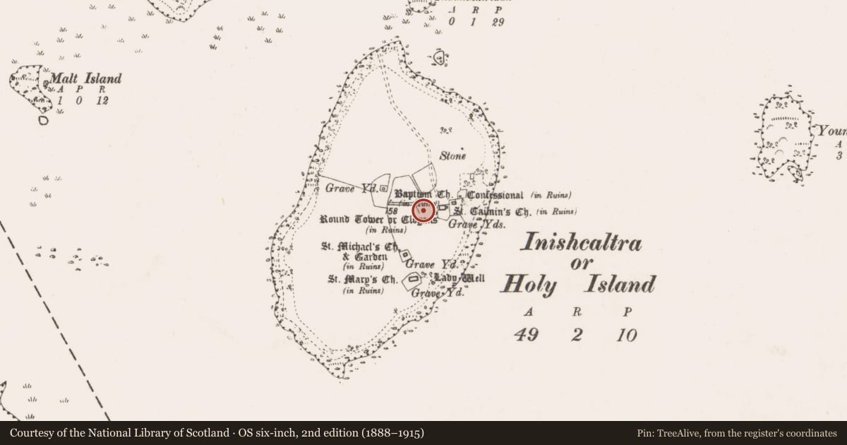 Ordnance Survey six-inch map, 2nd edition (1888–1915) covering the location of Penitential station, Inishcaltra Or Holy Island, County Clare, with a pin at the register's coordinates