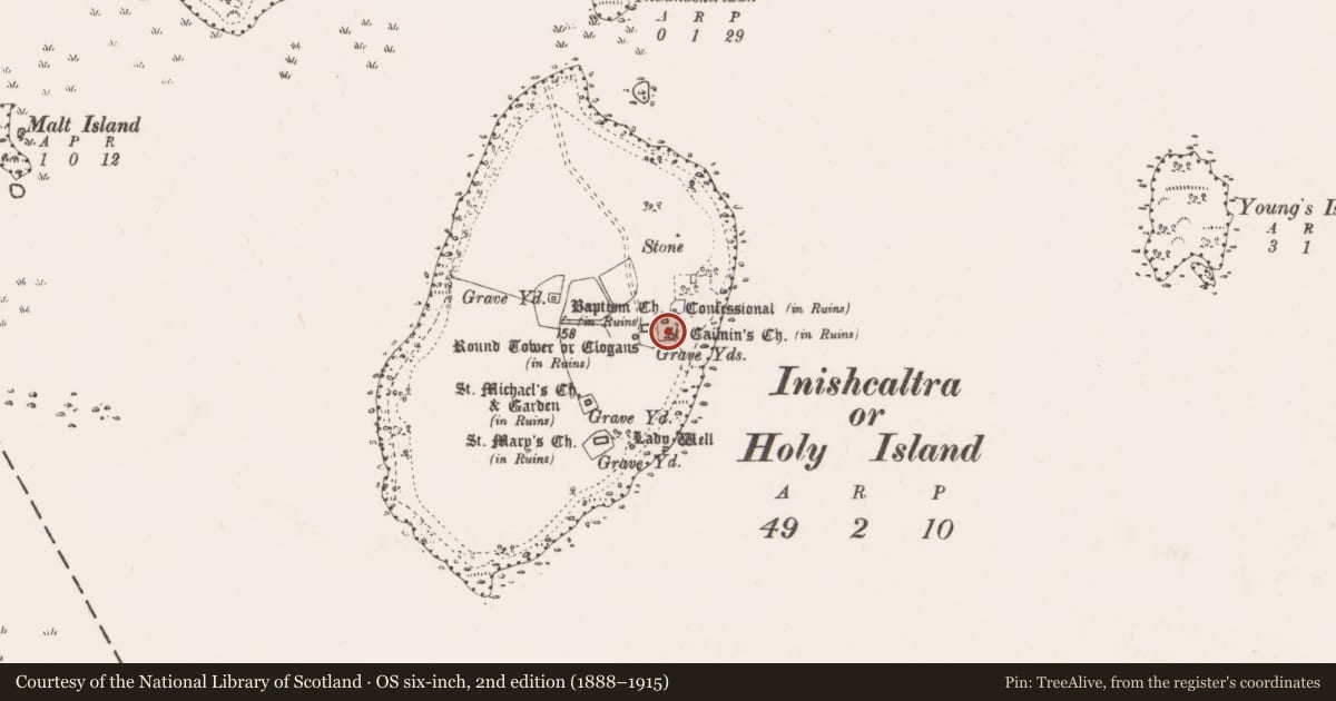 Ordnance Survey six-inch map, 2nd edition (1888–1915) covering the location of Cross-inscribed stone, Inishcaltra Or Holy Island, County Clare, with a pin at the register's coordinates