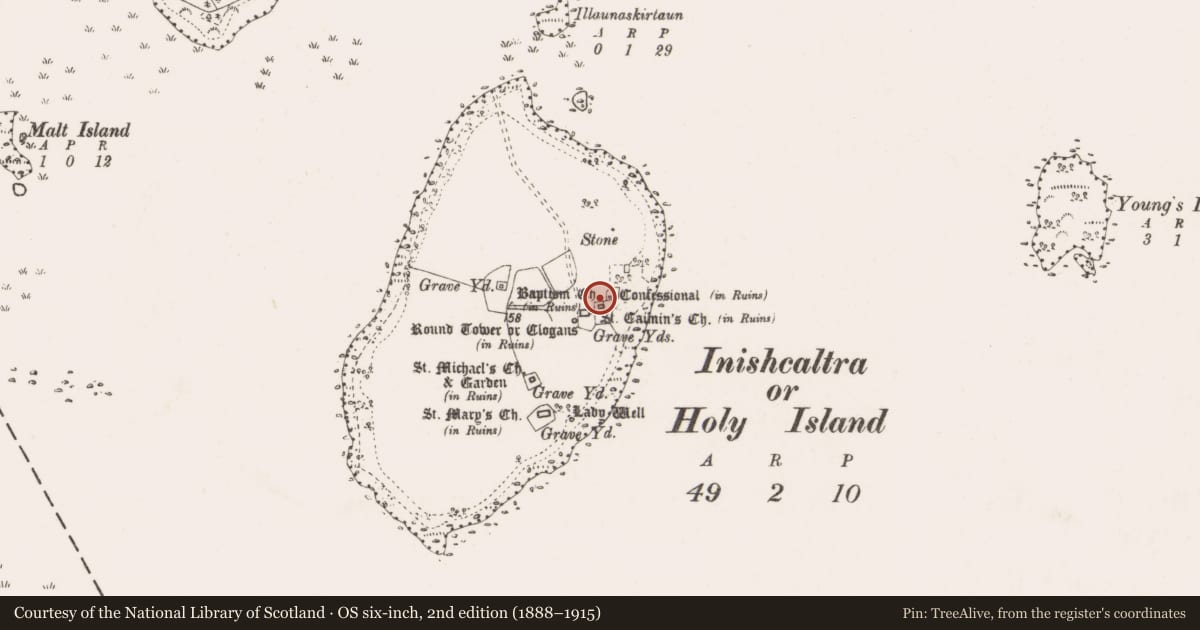 Ordnance Survey six-inch map, 2nd edition (1888–1915) covering the location of Penitential station, Inishcaltra Or Holy Island, County Clare, with a pin at the register's coordinates