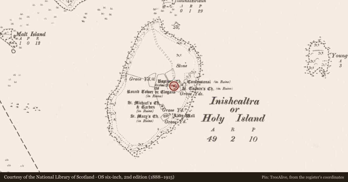 Ordnance Survey six-inch map, 2nd edition (1888–1915) covering the location of Excavation - miscellaneous, Inishcaltra Or Holy Island, County Clare, with a pin at the register's coordinates