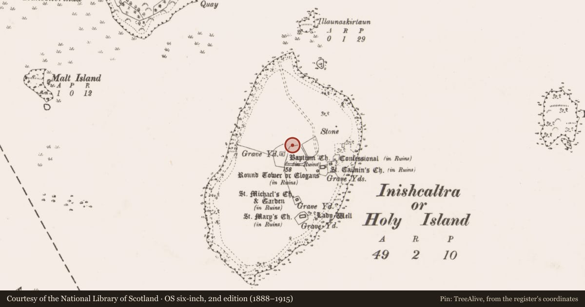 Ordnance Survey six-inch map, 2nd edition (1888–1915) covering the location of Burial, Inishcaltra Or Holy Island, County Clare, with a pin at the register's coordinates