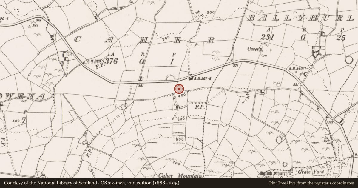 Ordnance Survey six-inch map, 2nd edition (1888–1915) covering the location of Ringfort - rath, Caher, County Clare, with a pin at the register's coordinates