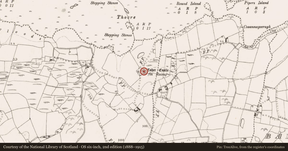 Ordnance Survey six-inch map, 2nd edition (1888–1915) covering the location of Castle - tower house, Caher, County Clare, with a pin at the register's coordinates