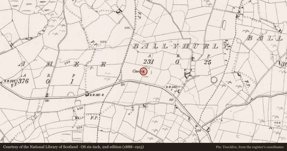 Ordnance Survey six-inch map, 2nd edition (1888–1915) covering the location of Souterrain, Ballyhurly, County Clare, with a pin at the register's coordinates