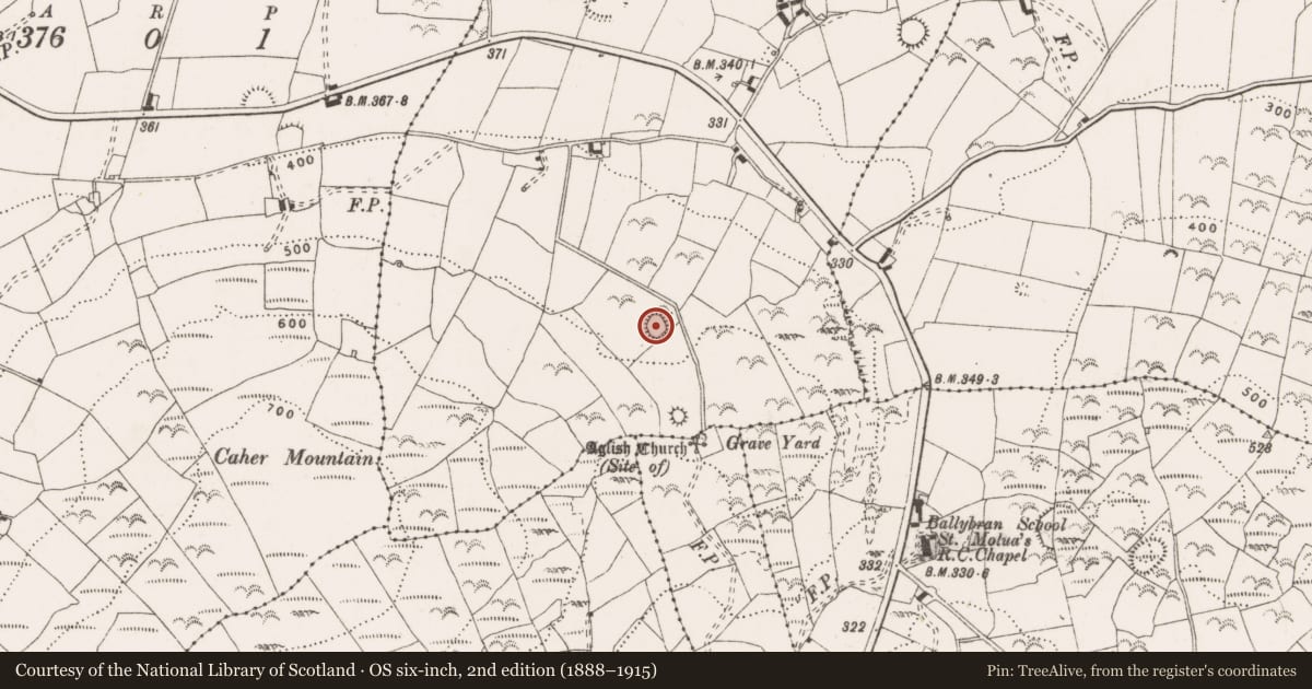 Ordnance Survey six-inch map, 2nd edition (1888–1915) covering the location of Earthwork, Ballyhurly, County Clare, with a pin at the register's coordinates