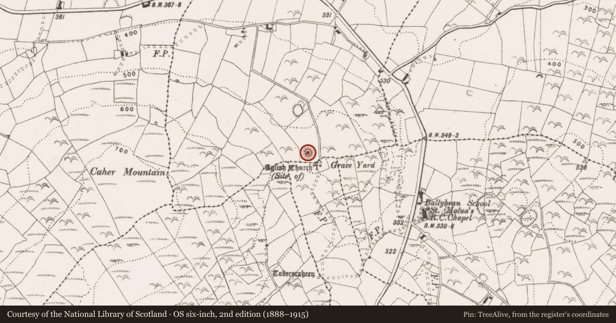Ordnance Survey six-inch map, 2nd edition (1888–1915) covering the location of Earthwork, Ballyhurly, County Clare, with a pin at the register's coordinates
