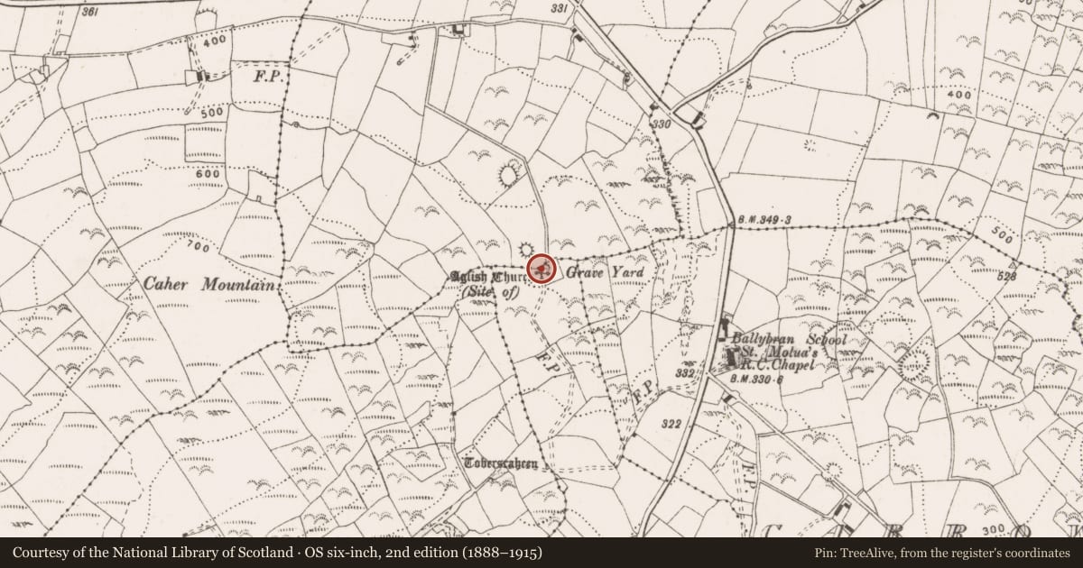 Ordnance Survey six-inch map, 2nd edition (1888–1915) covering the location of Church, Islandcosgry, County Clare, with a pin at the register's coordinates
