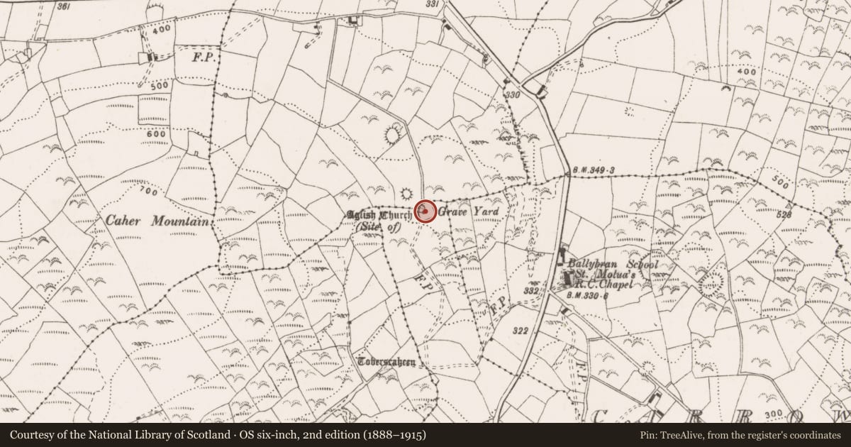 Ordnance Survey six-inch map, 2nd edition (1888–1915) covering the location of Graveyard, Islandcosgry, County Clare, with a pin at the register's coordinates