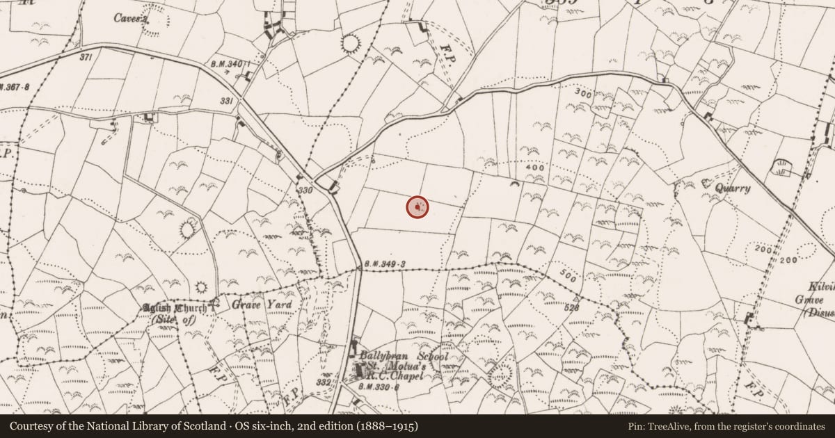 Ordnance Survey six-inch map, 2nd edition (1888–1915) covering the location of Earthwork, Ballynagleragh, County Clare, with a pin at the register's coordinates