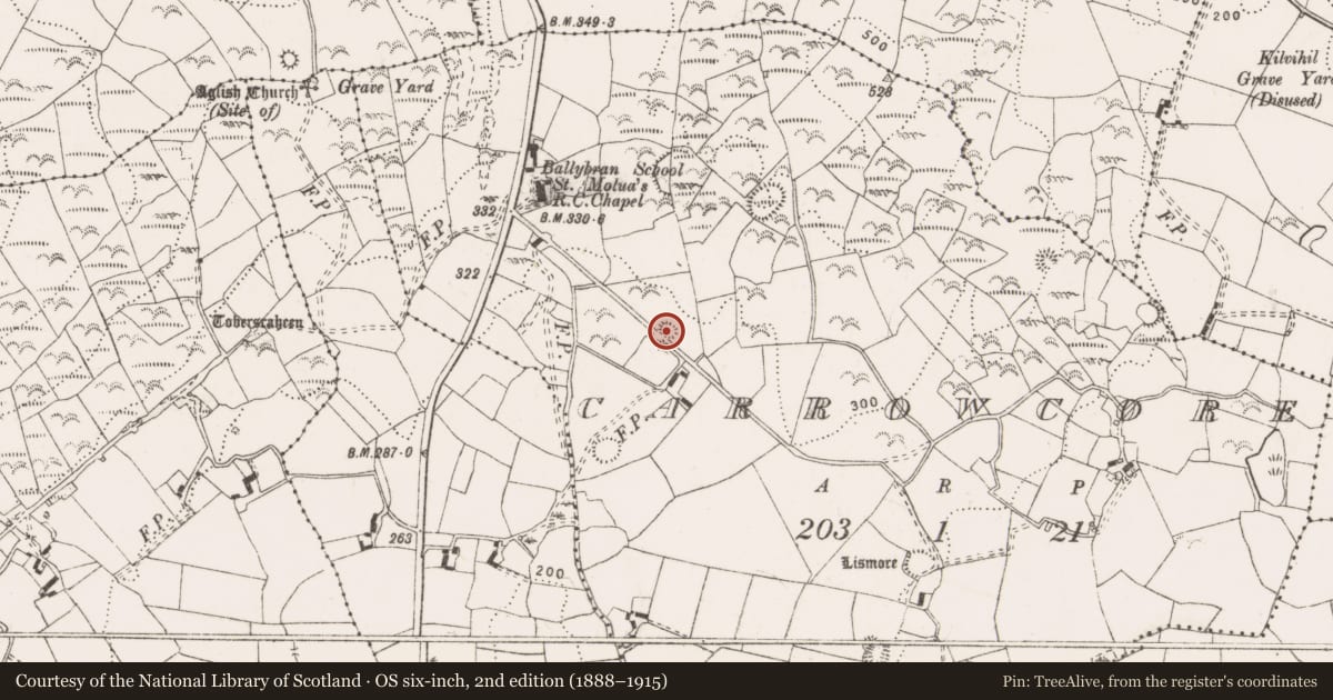 Ordnance Survey six-inch map, 2nd edition (1888–1915) covering the location of Earthwork, Carrowcore, County Clare, with a pin at the register's coordinates