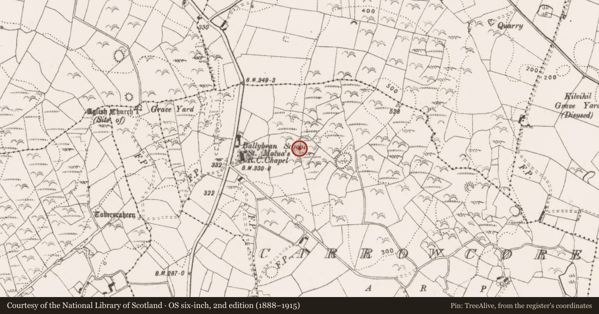 Ordnance Survey six-inch map, 2nd edition (1888–1915) covering the location of Ringfort - rath, Carrowcore, County Clare, with a pin at the register's coordinates