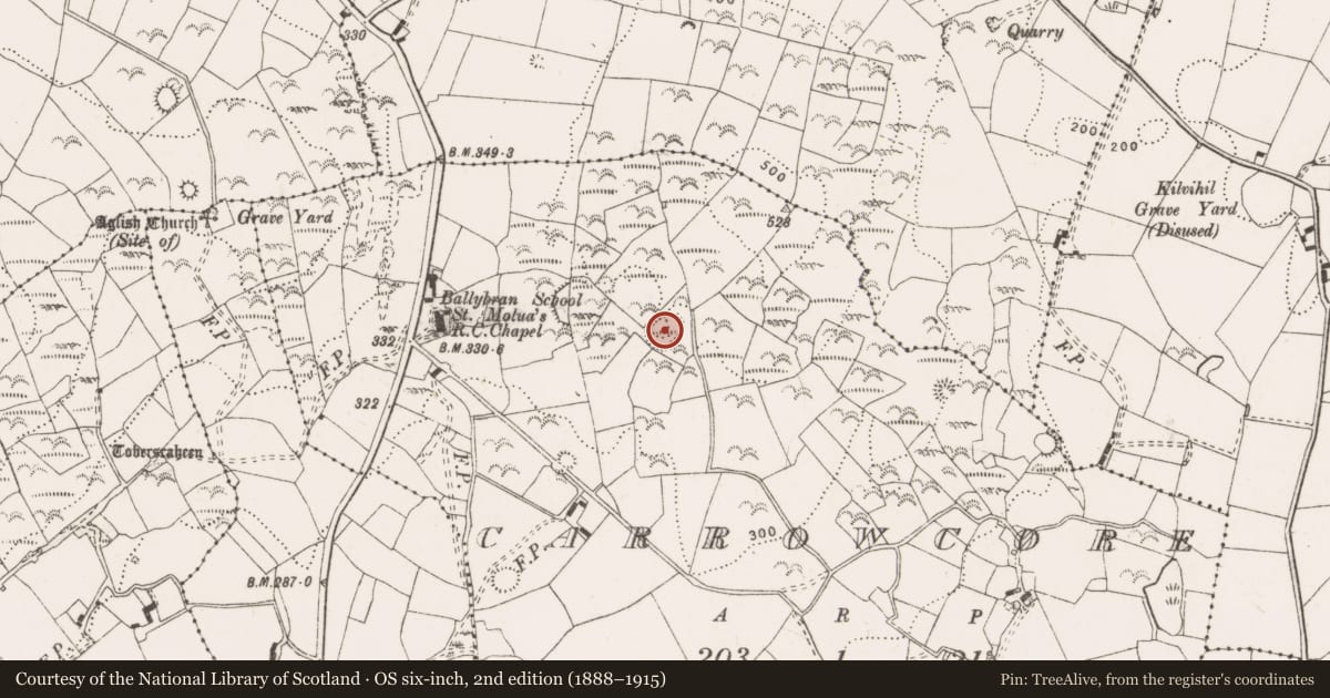 Ordnance Survey six-inch map, 2nd edition (1888–1915) covering the location of Ringfort - rath, Carrowcore, County Clare, with a pin at the register's coordinates
