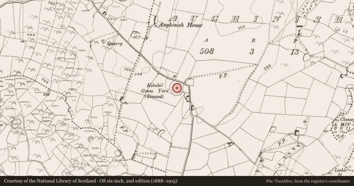 Ordnance Survey six-inch map, 2nd edition (1888–1915) covering the location of Church, Aughinish, County Clare, with a pin at the register's coordinates