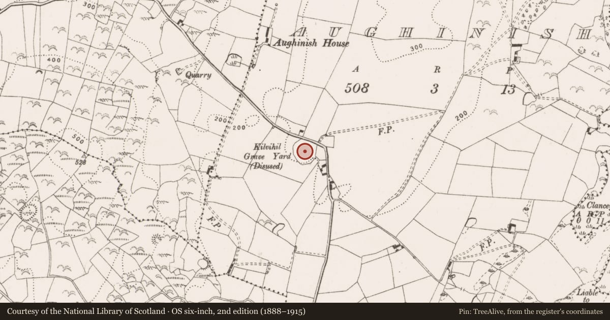 Ordnance Survey six-inch map, 2nd edition (1888–1915) covering the location of Burial ground, Aughinish, County Clare, with a pin at the register's coordinates