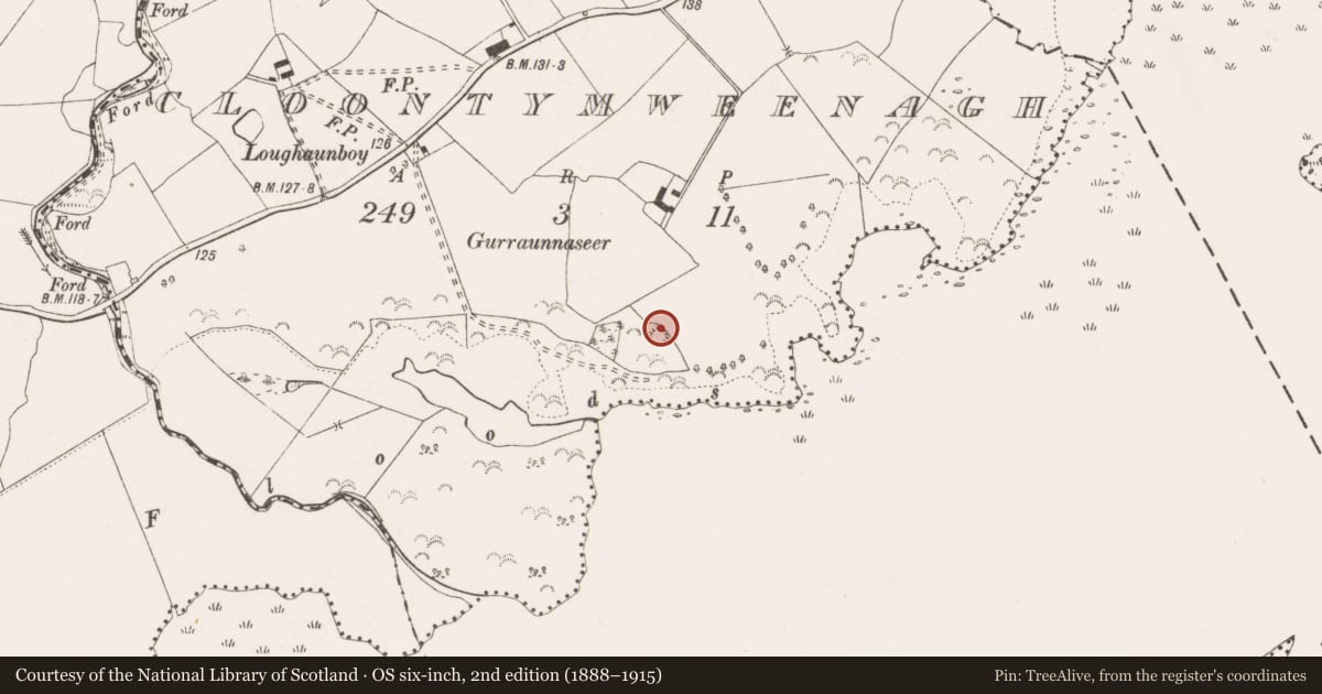 Ordnance Survey six-inch map, 2nd edition (1888–1915) covering the location of Earthwork, Cloontymweenagh, County Clare, with a pin at the register's coordinates