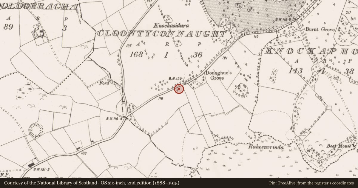 Ordnance Survey six-inch map, 2nd edition (1888–1915) covering the location of Ritual site - holy well, Cloontyconnaught, County Clare, with a pin at the register's coordinates