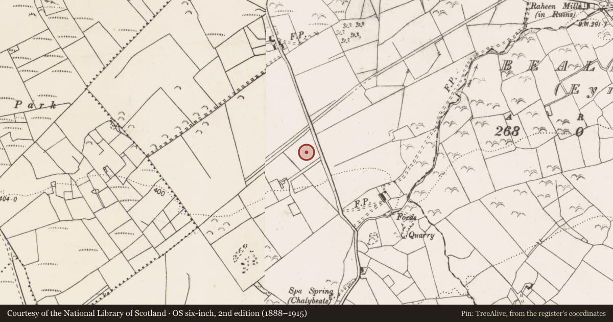 Ordnance Survey six-inch map, 2nd edition (1888–1915) covering the location of Standing stone, Ballymalone, County Clare, with a pin at the register's coordinates