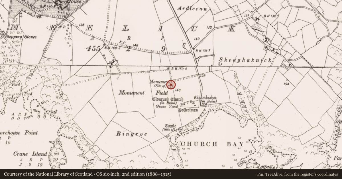 Ordnance Survey six-inch map, 2nd edition (1888–1915) covering the location of Monumental structure, Meelick, County Clare, with a pin at the register's coordinates