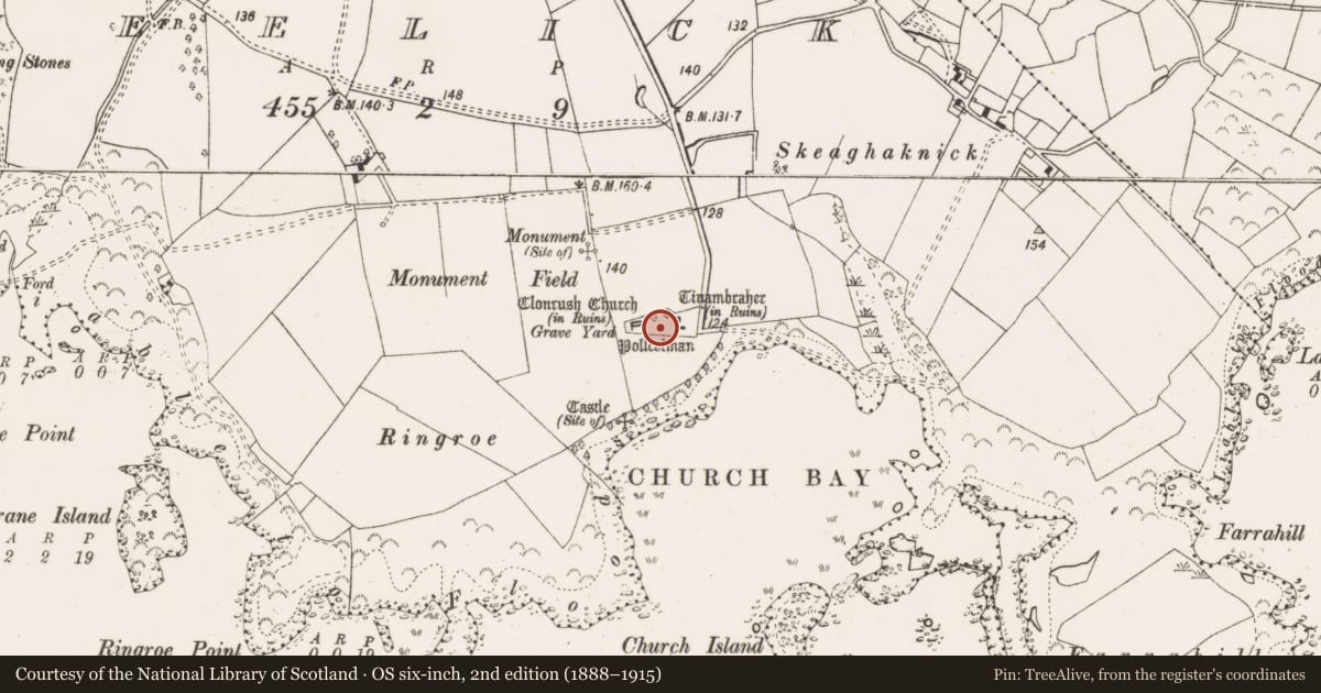Ordnance Survey six-inch map, 2nd edition (1888–1915) covering the location of Graveyard, Meelick, County Clare, with a pin at the register's coordinates
