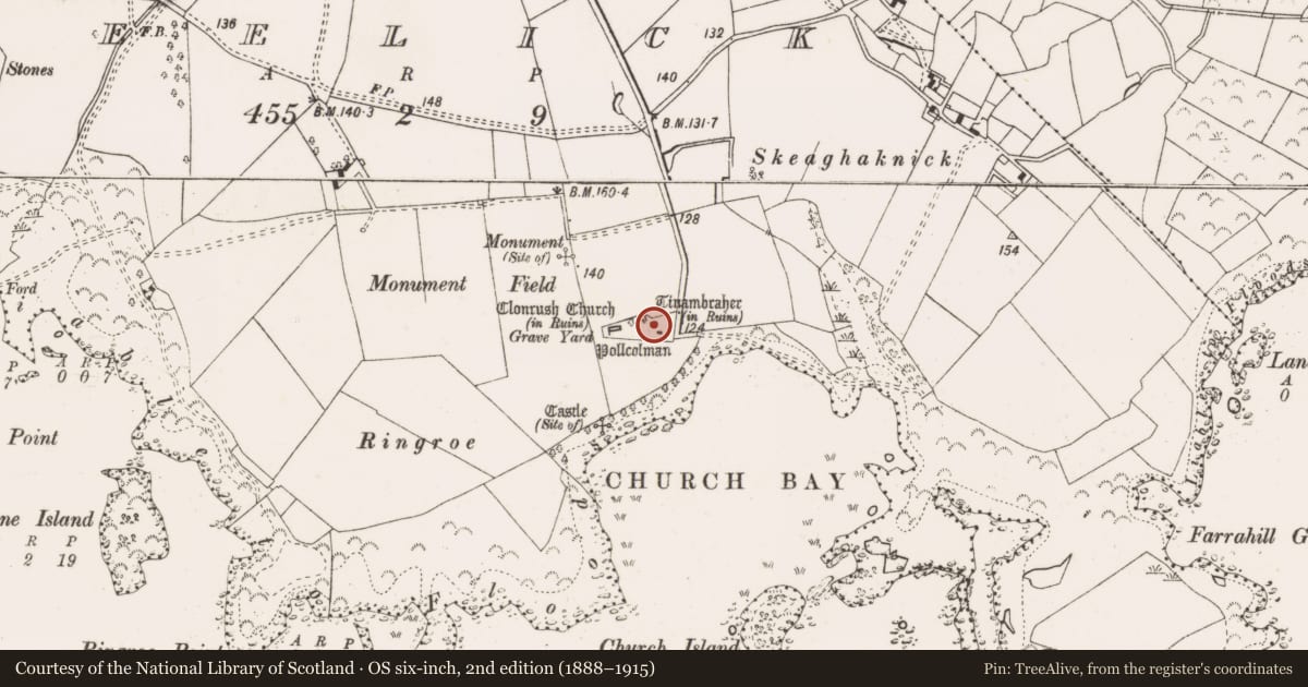 Ordnance Survey six-inch map, 2nd edition (1888–1915) covering the location of Building, Meelick, County Clare, with a pin at the register's coordinates