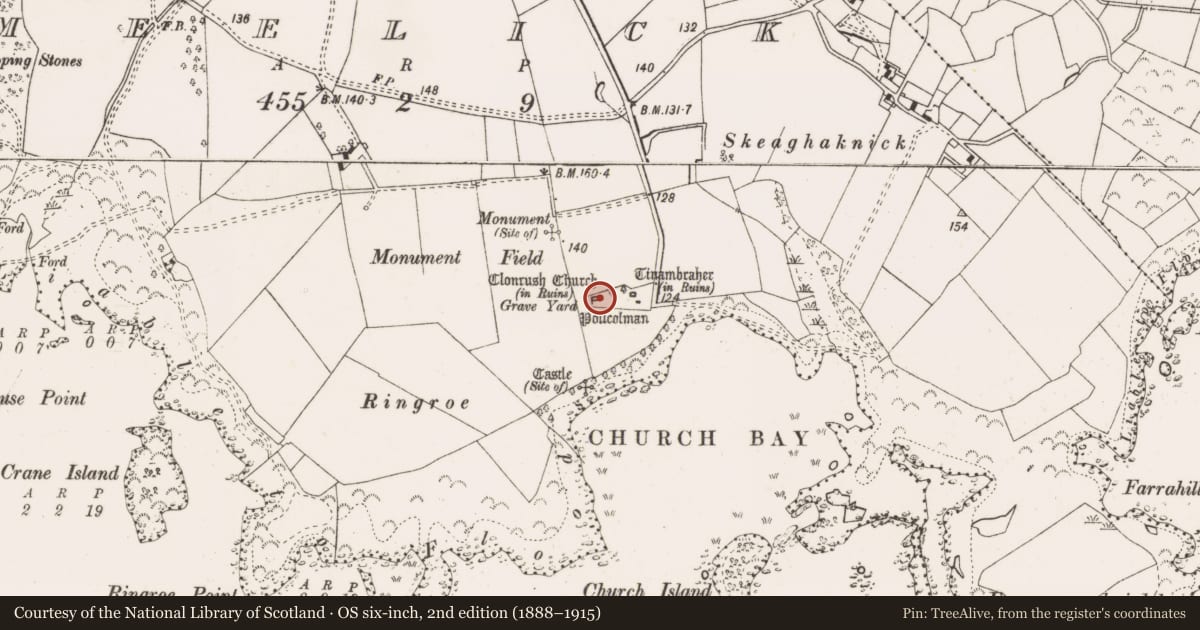 Ordnance Survey six-inch map, 2nd edition (1888–1915) covering the location of Architectural fragment, Meelick, County Clare, with a pin at the register's coordinates
