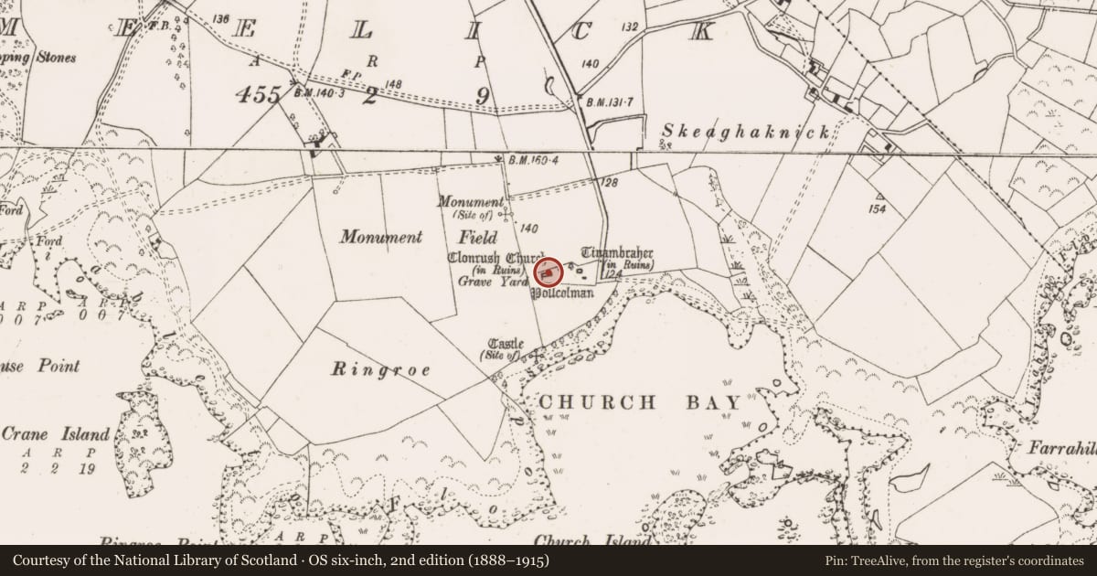 Ordnance Survey six-inch map, 2nd edition (1888–1915) covering the location of Graveslab, Meelick, County Clare, with a pin at the register's coordinates